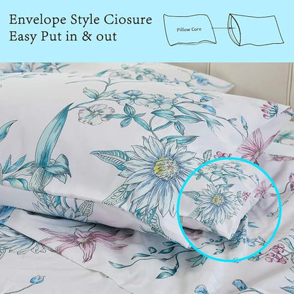 JSD White Blue Floral Printed Sheet Set Twin Size, 3 Piece Botanical Microfiber Sheets Extra Deep Pocket