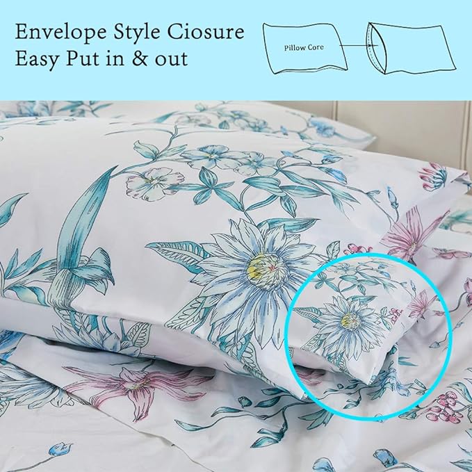 JSD White Blue Floral Printed Sheet Set Queen Size, 4 Piece Botanical Microfiber Sheets Extra Deep Pocket