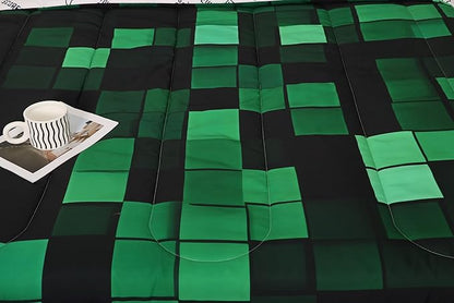 Pixelated Miners Game Kids Comforter Set Full Size,Geometric Check Video Games Bedding Set,Boys Room Decor,Gamepad Camo Grid Quilt Comforter,Black Green Duvet Set Bedroom Quilt Set,2 Pillowcases | Geometric Check, Video Games Bedding, Gamepad Camo Grid...