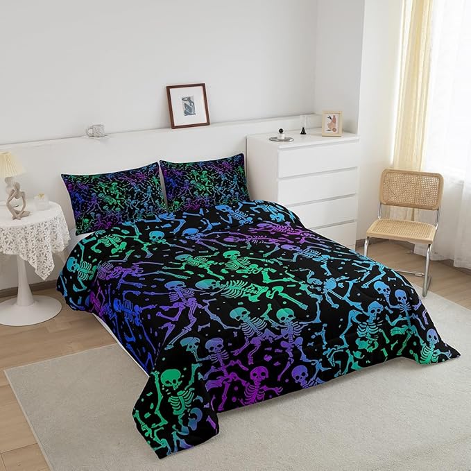 Erosebridal Sugar Skull Comforter Set Halloween Bedding Set King Size Green Blue Purple Ombre Down Comforter for Kids Boys Girls Skeleton Bones Quilted Duvet Warm Soft Horror Theme Bedroom Decor 3Pcs