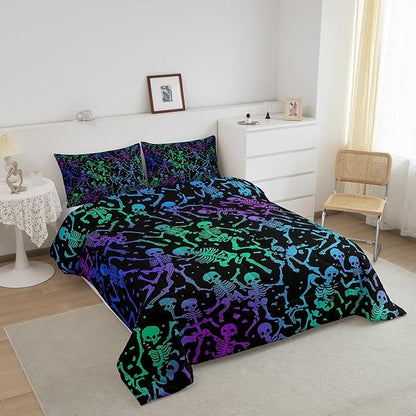 Erosebridal Sugar Skull Comforter Set Halloween Bedding Set King Size Green Blue Purple Ombre Down Comforter for Kids Boys Girls Skeleton Bones Quilted Duvet Warm Soft Horror Theme Bedroom Decor 3Pcs