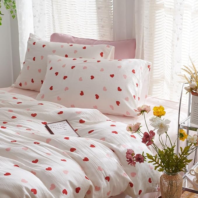 Girls Comforter Set Twin Size - 2 Pieces Red Pink Heart Comforter Bedding Sets for Kids,Twin Bed in a Bag with Heart Comforter and 1 Pillowcase