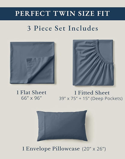 LANE LINEN 100% Organic Cotton Twin Bed Sheet Set, Luxury Hotel Style Fade Resistant Deep Pocket Machine Washable Twin Size Sheet Set, Eco Friendly Mercerized Cotton Sheets- Estate Blue