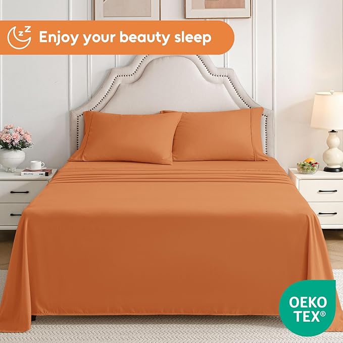 Twin Sheets Set, 3 Pieces Hotel Luxury Soft Microfiber Bed Sheets Set, Up to 16" Deep Pockets, Oeko-Tex Sheets with Elastic, Breathable, Wrinkle Free (Pumpkin Orange, Twin)