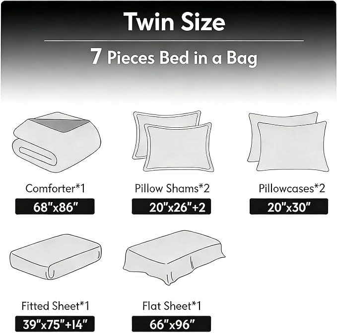 Vintage Floral Twin Size Bed in A Bag for Girls, 7Pcs Stripe Patchwork Comforter Set for Farmhouse Country Bedroom Decor, Black Botanical Quilted Bedding with 2 Pillowcases, 68"x86"