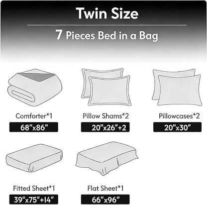 Vintage Floral Twin Size Bed in A Bag for Girls, 7Pcs Stripe Patchwork Comforter Set for Farmhouse Country Bedroom Decor, Black Botanical Quilted Bedding with 2 Pillowcases, 68"x86"
