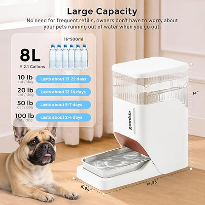 ZOMISIA Automatic Dog Water Dispenser 8L with Stainless Steel Bowl, Gravity Large Capacity Water Bowl for Dogs, 2 Gallon Pet Waterer 100% BPA Free, Cool Grey