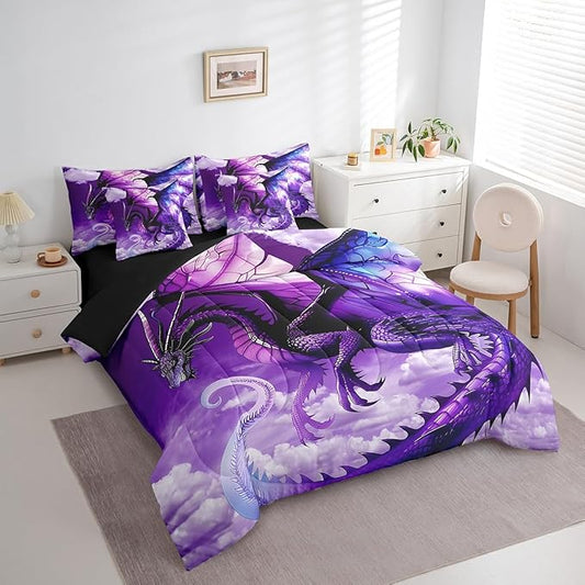 Erosebridal 3D Dragon 7 Piece Comforter Set Full Bed in a Bag,Fantasy Dragon Wings Vintage Gothic Bedding Sets Prehistoric Wildlife Sheet Set with Comforter