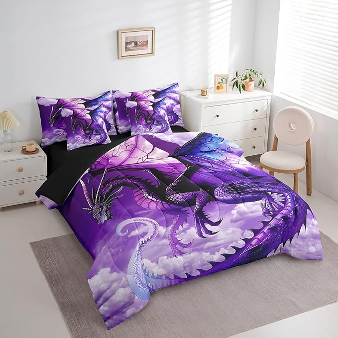 Erosebridal 3D Dragon Comforter Set 7 Piece Bed in a Bag Twin,Fantasy Dragon Wings Vintage Gothic Bedding Sets Prehistoric Wildlife Sheet Set with Comforter