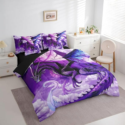Erosebridal 3D Dragon Comforter Set 7 Piece Bed in a Bag Twin,Fantasy Dragon Wings Vintage Gothic Bedding Sets Prehistoric Wildlife Sheet Set with Comforter