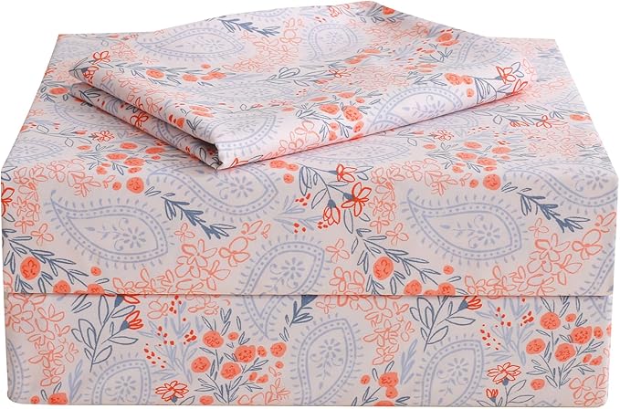 JSD Pink Paisley Floral Sheet Set Twin Size, 3 Piece Soft Printed Microfiber Sheets Extra Deep Pocket