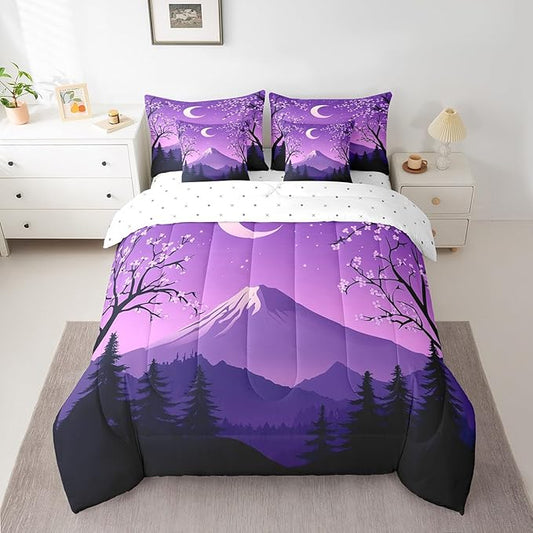 jejeloiu Japanese Purple Bedding Set 7Pcs King Size Kids Mount Fuji Comforter Set with Sheets for Boys Girls Cherry Blossom Bed in a Bag Soft Lightweight,Microfiber
