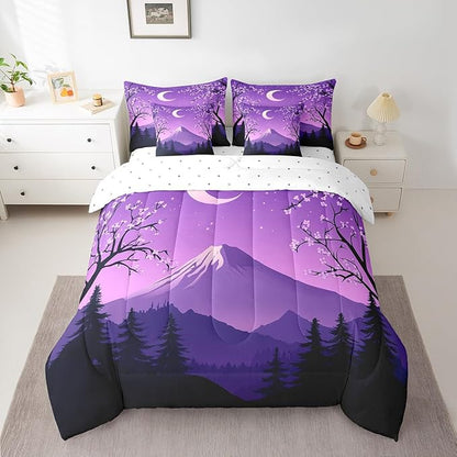 jejeloiu Japanese Purple Bedding Set 7Pcs Queen Size Kids Mount Fuji Comforter Set with Sheets for Boys Girls Cherry Blossom Bed in a Bag Soft Lightweight,Microfiber