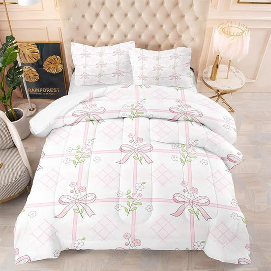 Pink Bowknot Comforter Set Twin for Girls, 2Pcs Stripe Plaid Bedding with Pink Green Botanical Floral, French Country Style Quilted Comforter with 1 Pillowcase, 68"x86"