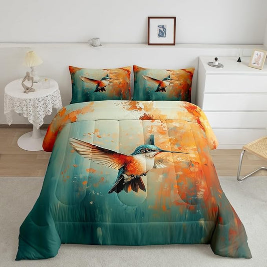 Feelyou Hummingbird Comforter Set Toddler Size Tropical Birds Comforter Hummingbird Flowers Bedding Set Blossoming Iris Flowers Duvet Set Room Decor Teal Quilt Set