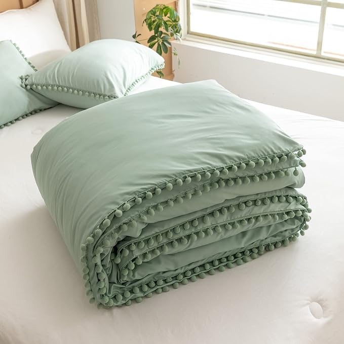 YIRDDEO Queen Comforter Set - Comforter Queen Size Sets with Ball Pom Fringe, Soft Bedding Set for All Seasons - 3 Pieces, 1 Comforter (90"x90") & 2 Pillow Shams (20"x26"), Sage Green