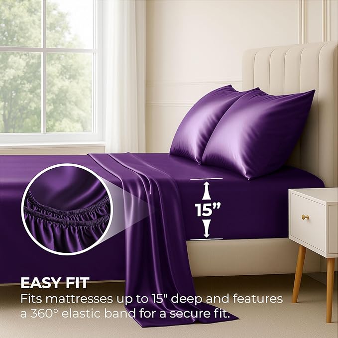 Satin Sheets California King [4-Piece, Purple] Luxury Silky Bed Sheets - Extra Soft 1800 Microfiber Sheet Set, Wrinkle, Fade, Stain Resistant - Deep Pocket Fitted Sheet, Flat Sheet, Pillow Cases