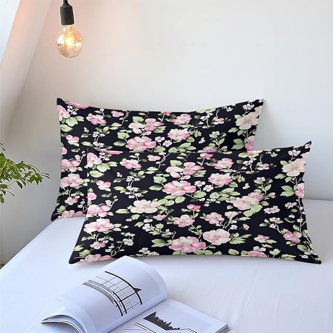 Girls Black Pink Bedding Sets, 7Pcs Full Size Bed in a Bag, Cottage Flowers Leaves Comforter Sets with 1 Comforter 79"x 90", 2 Pillowcases, 1 Fitted Sheet, 1 Flat Sheet, 2 Pillow Shams