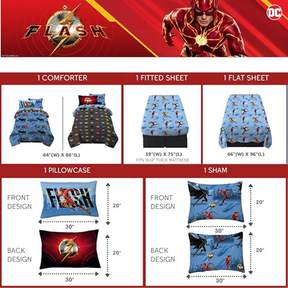 WB The Flash Movie DC Comics Super Soft Comforter and Sheet Set with Sham, 5 Piece Twin Size, (Official Licensed Product) by Franco