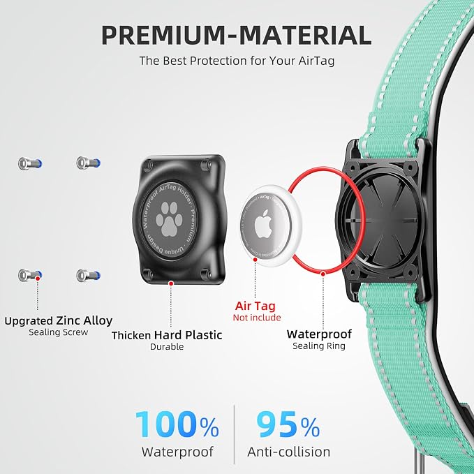 Upgrade Dog Collar with AirTag Holder, IP68 Waterproof, Aqua, M | Built-in Water Resistant AirTag holder, 1000D Nylon, Reflective Stitching for Night Visibility, Soft padding for Comfort