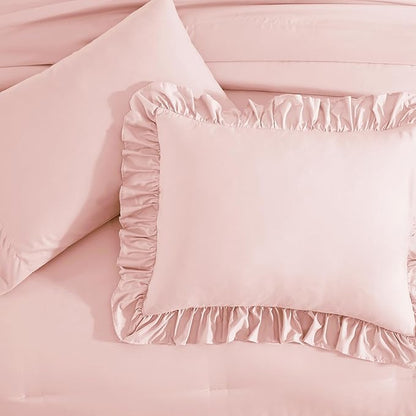 King Size Comforter Set Soft Pink, Ruffle Shabby Chic Bedding Set Farmhouse 7 Pieces, All Season Fluffy Bed in a Bag with Sheets, Pillowcases & Shams