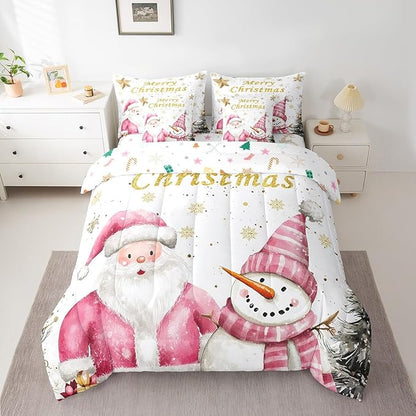 Gold Snowflake Queen Comforter Set with Sheets Bed in a Bag 7 Pcs,Pink Santa Snowman Christmas Trees Bed Set,Watercolor Winter Bedding Sets with Comforter,Flat,Fitted Sheet,Pillowcases,Pillow Covers