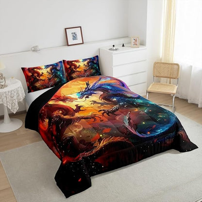 Feelyou Dragon Comforter Set Full Size Western Dragon Comforter for Boys Girls Teens Wildlife Bedding Set Wild Animal Duvet Set Room Decor Dark Orange Quilt Set