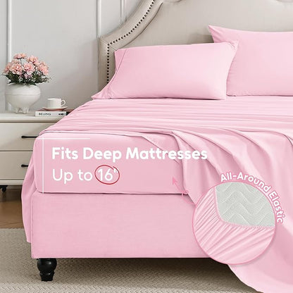 Full Size Bed Sheets Set, 4 Pieces Hotel Luxury Soft Microfiber Bed Sheets Set, Up to 16" Deep Pockets, Oeko-Tex Sheets with Elastic, Breathable, Wrinkle Free (Light Pink, Full)