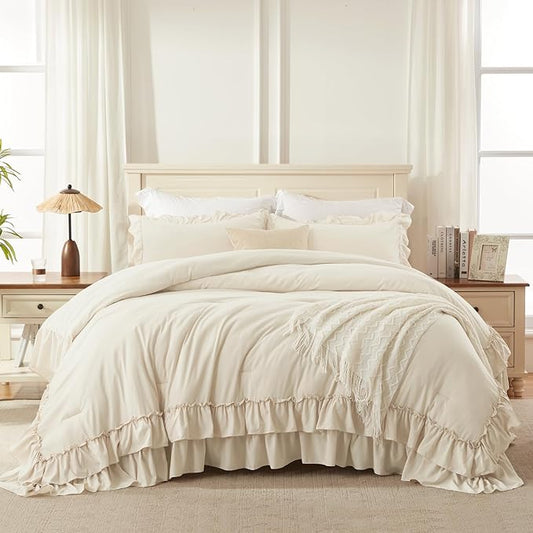 Andency Oversized King Ruffle Comforter Set, 3 Pieces Shabby Chic Farmhouse Bedding Set, Lightweight Soft Comforter Set 120x98 for Girls Women (1 Comforter 2 Pillowcases), Beige