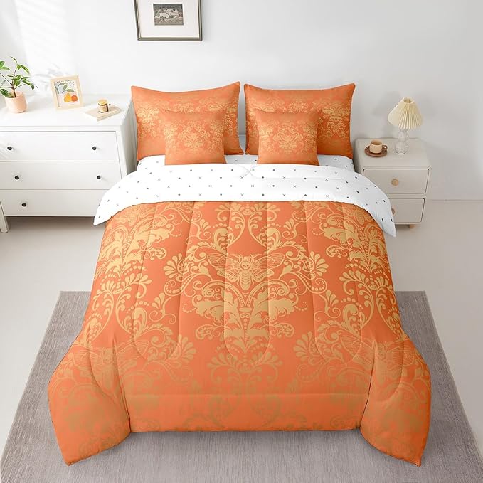 Erosebridal Gothic Damask Bed in a Bag King Size Comforter Set 7 Pieces,Exotic Moth Bedding Sets Orange and Yellow Victorian Floral Goth Sheet Set with Comforter