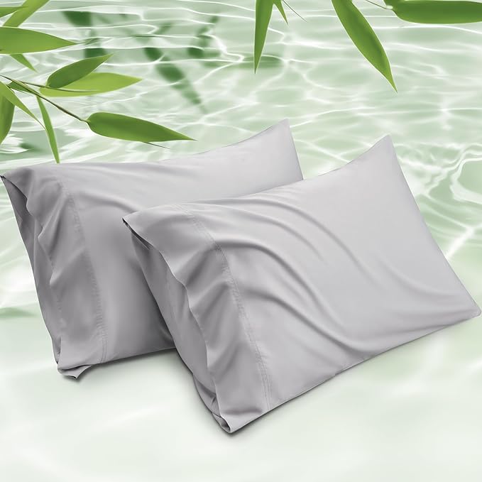 Bedsure Pillow Cases Standard Size, Cooling Pillow Cases, Rayon Derived from Bamboo Light Grey Pillowcases Standard Set of 2, PureWoven Silky Soft Pillow Covers with Envelope Closure, 20x26 Inches