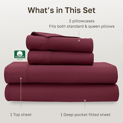 California Design Den Natural 100% Cotton Sheets, Soft Queen Sheet Set, 400 Thread Count Sateen, Deep Pockets with All-Around Elastic for a Snug Fit, Durable Bedding Set - Burgundy Red