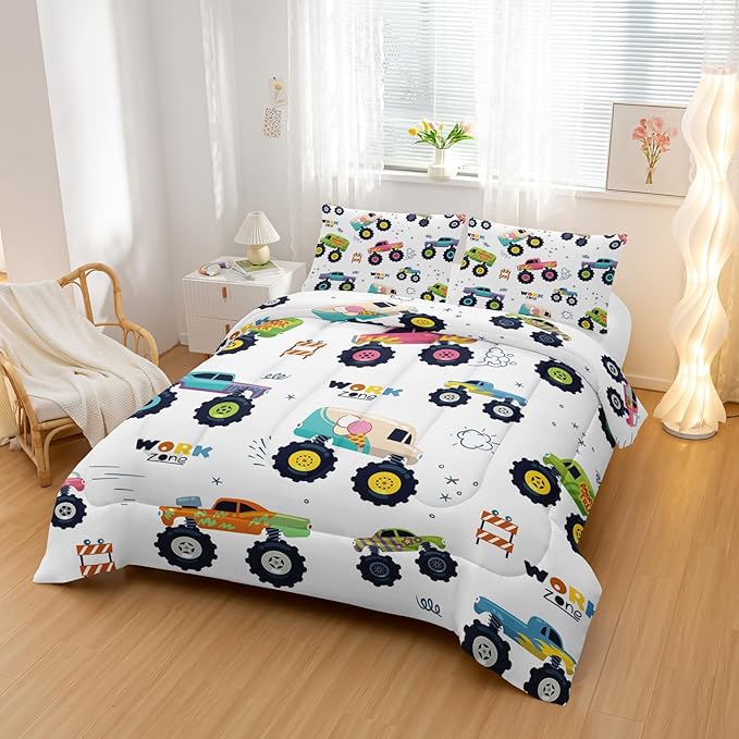 Kids Comforter Set for Boys,Cartoon Monster Car 3 Pieces Bedding Set King,Colorful Off-Road Vehicle All Season Soft Microfiber Down Alternative with 2 Pillowcases
