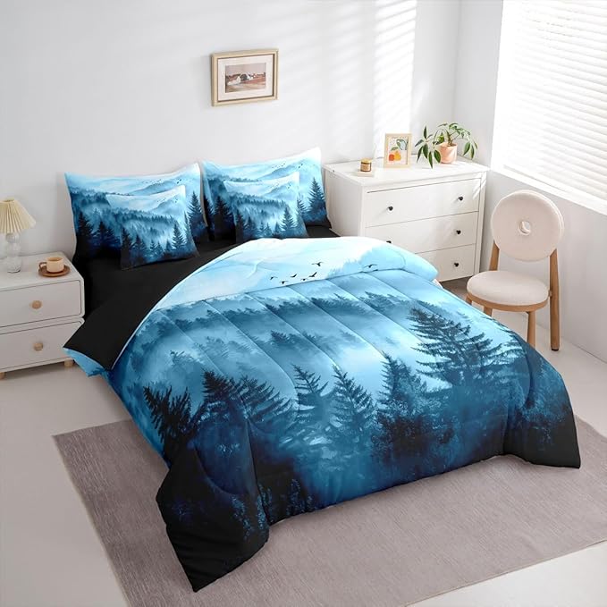 Erosebridal Foggy Mountain King Bedding Set 7 Piece Blue Forest Pine Tree Bed in A Bag with Sheets Nature Misty Woodland Comforter Set for Kids Adults,Flying Bird Bed Sets