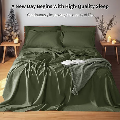 LBRO2M 100% Pure Linen Sheet Set Deep Pocket Up to 16" Bed Sheets Sets, Natural Flax Beddings Soft, Breathable, Comfortable for All Seasons 6 Pcs Sheet Set Cal King Size, Olive Green