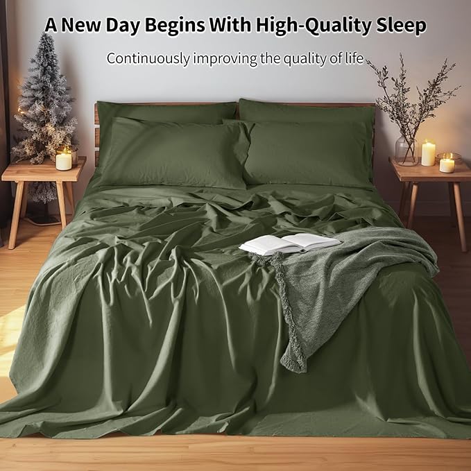 LBRO2M 100% Pure Linen Sheet Set Deep Pocket Up to 16" Bed Sheets Sets, Natural Flax Beddings Soft, Breathable, Comfortable for All Seasons 6 Pcs Sheet Set Queen Size, Olive Green