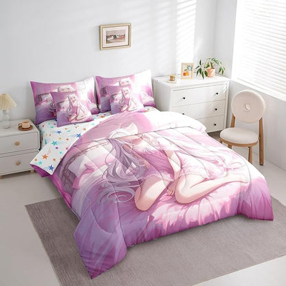 Erosebridal Queen Size Japanese Anime 7 Piece Comforter Set, Anime Girl Bedding Set Kawaii Japanese Style Bed in A Bag Cartoon Japan Animation Sheet Set for Boys Teen Adult Women Bedroom,Pink
