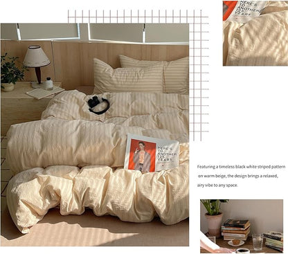 mixinni Retro Striped Duvet Cover Set Twin Size - 100% Washed Cotton Beige Duvet Cover with Black White Stripes, Soft Breathable 3 Piece Comforter Cover with Zipper Closure & Corner Ties