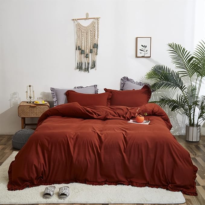 CLOTHKNOW Burnt Orange King Size Comforter Set Ruffle Bedding Comforter Sets Shabby Chic Vintage Rustic Comforter with 2 x Pillow Cases