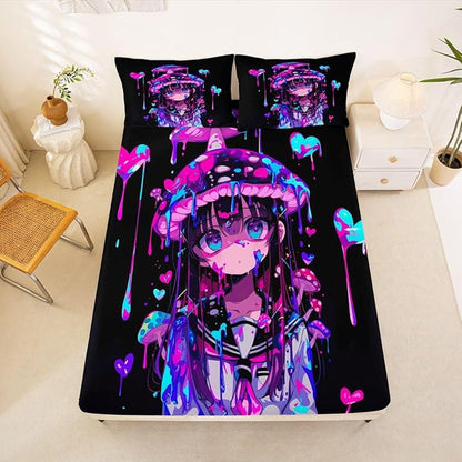 Erosebridal Mushroom Girl Fitted Sheet Queen 3D Japanese Girly Bed Sheets for Boys Girls Watercolor Graffiti Bed Set Cute Anime Gifts Sheets with 2 Pillowcases