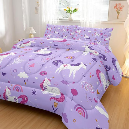 Unicorn 3 Piece Bedding Set King Size-Purple 3 Pieces Bedding Set for Kids, Unicorn Girls Comforter Set, Rainbow Clouds Star Quilt Set (1 Comforter 2 Pillowcase), All Seasons