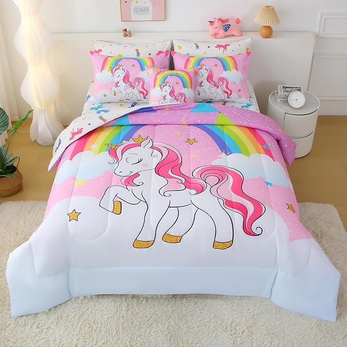 JQinHome Unicorn Full Bedding Sets for Girls Kids,8 Piece Bed in A Bag 3D Pink Sky Rainbow Clouds Theme Unicorn Comforter Set with Sheet Set(Pink Purple)