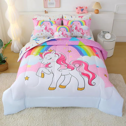 JQinHome Unicorn Full Bedding Sets for Girls Kids,8 Piece Bed in A Bag 3D Pink Sky Rainbow Clouds Theme Unicorn Comforter Set with Sheet Set(Pink Purple)