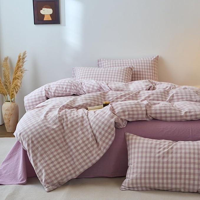 EAVD Vintage Style Gingham Duvet Cover Full Purple White Soft 100% Washed Cotton Chic Grid Checkered Bedding Set with 2 Pillowcases Farmhouse Purple Plaid Duvet Cover with Zipper Closure