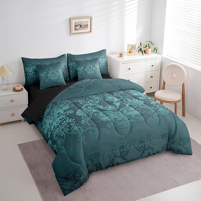 Erosebridal Gothic Damask Bed in a Bag King Size Comforter Set 7 Pieces,Butterfly Skull Bedding Sets Turquoise Victorian Floral Goth Sheet Set with Comforter