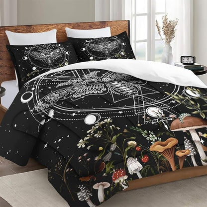 King Size Comforter Set with 2 Pillowcases, Moth Dead Moon 3 Pcs Bedding for Kids and Adults, Vintage Mushroom Wildflower Soft Comforter Set for Bedroom Bed Decor