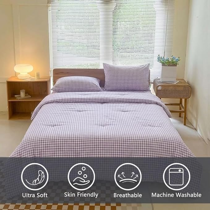 NSNLGSGC King Size Comforter Set, Purple Gingham Bedding Comforter Sets, Purple Grid Bed Comforter 3 Pieces (1 Comforter, 2 Pillowcases)