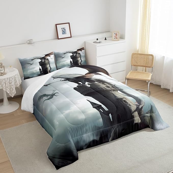 Flying Dragon Comforter Set Queen Size,Grey Sky Vintage Old Castle Printed Bedding Set for Kids Boys Girls Room Decor,3D Wild Animal Theme Duvet Insert 3Pcs,Retro Microfiber Quilt Set,2 Pillowcases