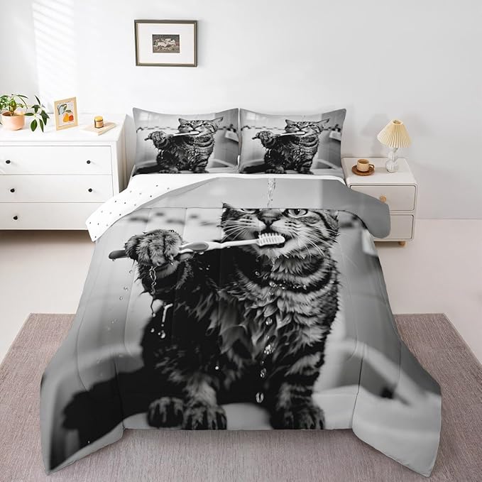 Erosebridal Kitten Bedding Set Twin Size Cute 3D Comforter Set for Kids Boys Girls Toothbrush Kawaii Animal White Black Comforter Warm Soft Quilt Insert