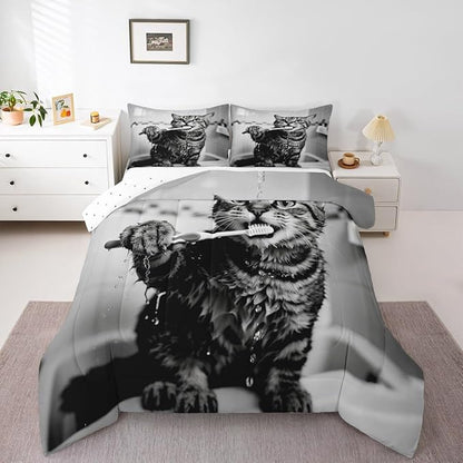 Erosebridal Kitten Bedding Set King Size Cute 3D Comforter Set for Kids Boys Girls Toothbrush Kawaii Animal White Black Comforter Warm Soft Quilt Insert